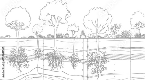 Cross section of trees showing root systems in soil layers with scale markings roots