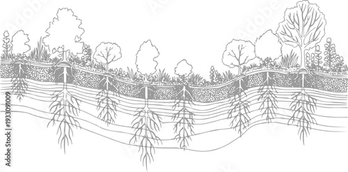 Cross section of soil layers showing plant roots and vegetation above ground
