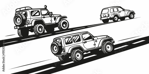 A group of classic cars racing on a straight track with a checkered flag. Vector