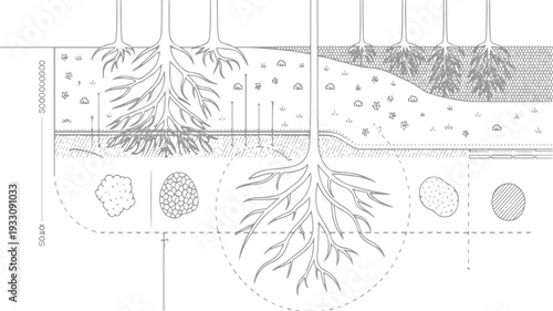 Diagram illustrating plant root systems and soil layers with various soil components and water penetration