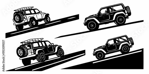 Four off-road vehicles navigating through a challenging terrain course Vector