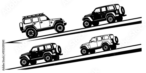 Four vintage cars racing on a straight road with a checkered background. Vector
