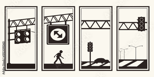 A series of images depicting various safety signs and traffic signals. Vector
