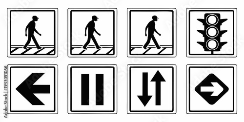 A collection of various pedestrian and traffic signs indicating directions and restrictions. Vector