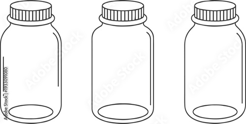 Three empty glass bottles with ribbed caps arranged side by side container