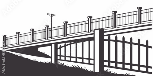A long fence with evenly spaced posts and railings extending into the distance Vector