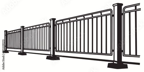 A modern metal fence with vertical bars and horizontal supports Vector