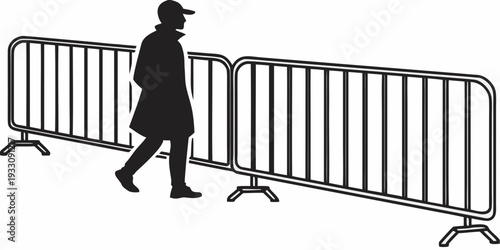 A silhouette of a person walking past a line of metal barricades. Vector