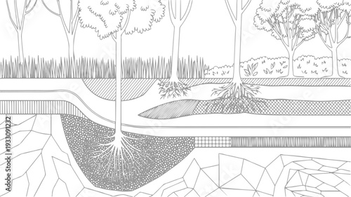 Cross section of soil layers showing tree roots and different soil textures