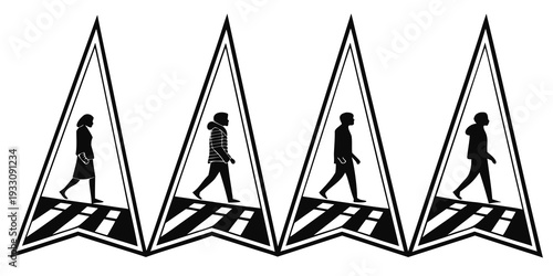A sequence of a person walking across a zebra crossing with triangular warning signs. Vector