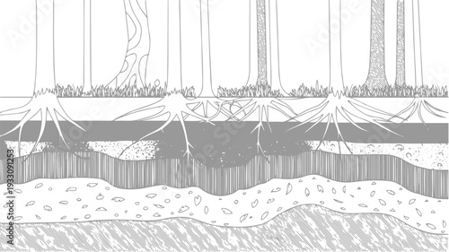 Cross section of forest floor showing tree roots and soil layers with organic matter