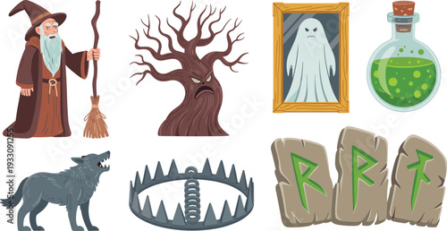 Fantasy icons illustration set, wizard potion vector artwork, magical creature design graphics, supernatural symbols collection, mythical adventure symbol