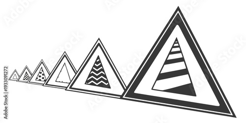 Series of geometric triangles in varying shades of gray and black Vector