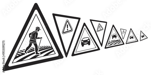 A series of triangular signs depicting various activities and warnings. Vector