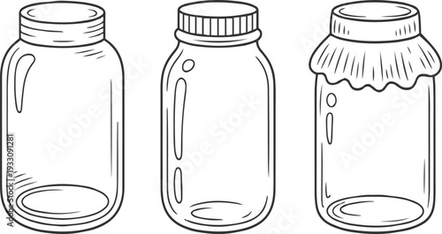 Three hand drawn glass jars with different lids and textures container empty