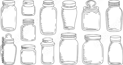 Collection of various hand drawn empty glass jars and bottles with lids container