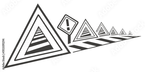 A series of triangular warning signs leading into the distance on a road Vector