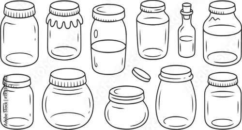 Collection of hand drawn glass jars and bottles with lids and corks container