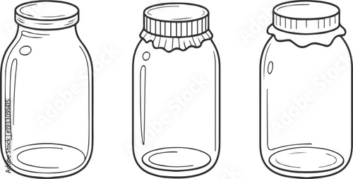Three glass jars with different lids shown in a row on a white background container bottle