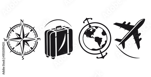 Travel essentials including a compass, suitcase, globe, and airplane Vector
