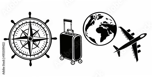 A collection of travel icons featuring a compass, a suitcase, a globe, and an airplane. Vector