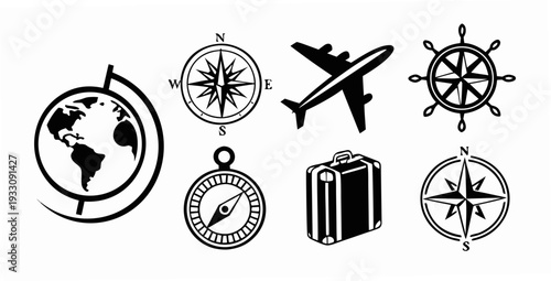 Assorted travel and navigation icons showcasing various modes of transport and tools Vector