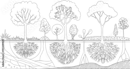 Cross section of trees showing root systems in soil layers and rock formations roots