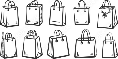 Collection of hand drawn shopping bags with handles and various details paper gift retail