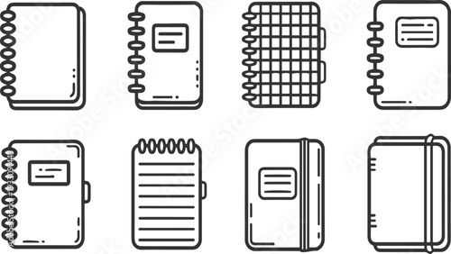Collection of eight black outline notebook with various binding and cover styles notepad journal diary