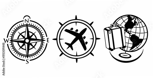 Vintage compass, airplane, and globe icons representing travel and navigation. Vector