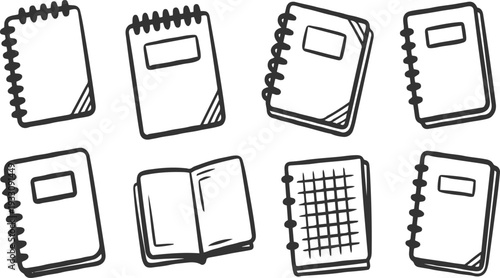Collection of eight hand drawn black and white notebook and book with spiral binding and blank covers