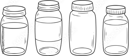 Four hand drawn glass jars and bottles with liquid and labels container