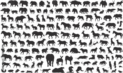 Large collection of black animal silhouettes featuring diverse wildlife species including mammals, birds, and farm animals arranged in grid pattern for educational and design use