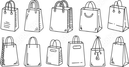 Ten hand drawn shopping bags with handles and various in black outline on white background paper gift