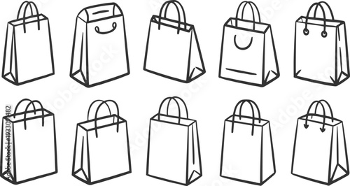 Ten hand drawn black and white shopping bags in two rows paper gift