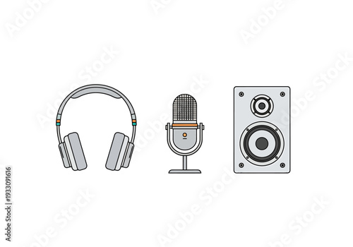 Audio Equipment Set Including Headphones Microphone and Speaker Representing Sound Recording or Playback Concepts