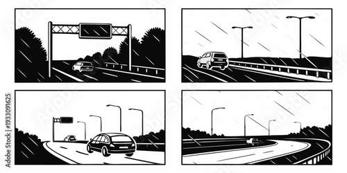 A series of images depicting a car's journey through a tunnel and over a bridge Vector