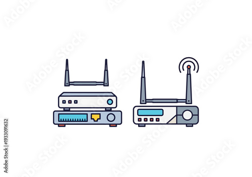 Network Routers and Modems Stacked for Internet Connectivity and Wireless Signal Transmission Icons Representing Digital Communication Equipment