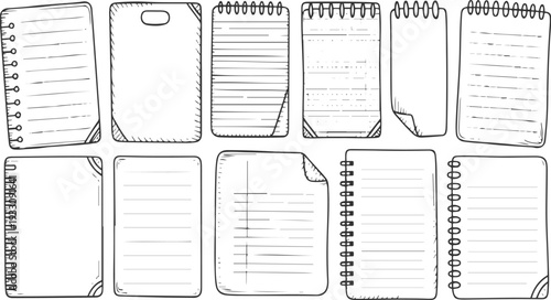 Collection of hand drawn lined and blank notebook pages with spiral binding and corner details paper