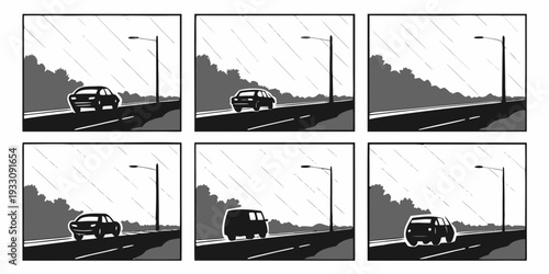 Six black and white images of a train traveling through a mountainous landscape. Vector