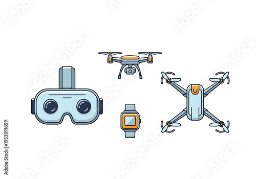 Modern Gadgets Collection Includes Virtual Reality Headset Flying Drone and Smart Watch Technology Objects