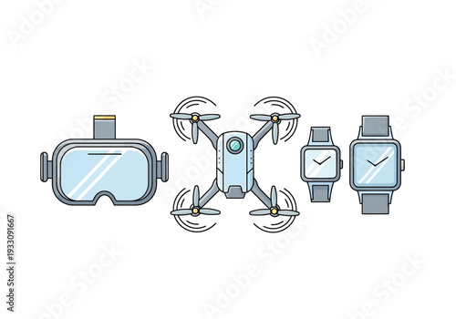 Modern Technology Gadgets Represented By Virtual Reality Headset Flying Drone and Smartwatches Collection Clean Icon Set