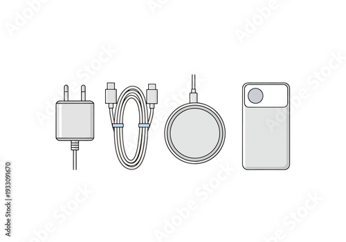 Collection of modern digital device accessories including power adapter USB cable wireless charger and battery pack for portable electronics and