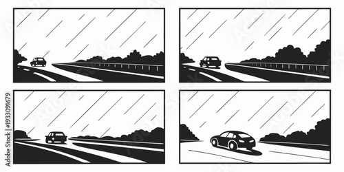 A sequence of four panels depicting a journey through a mountainous landscape Vector