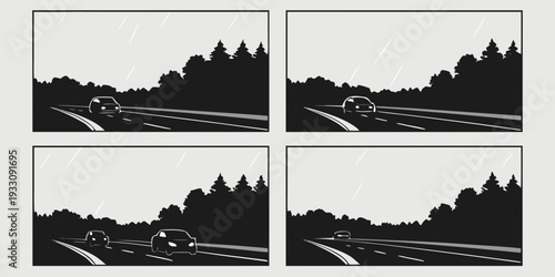 Four distinct black and white images of a train traveling through a scenic landscape. Vector