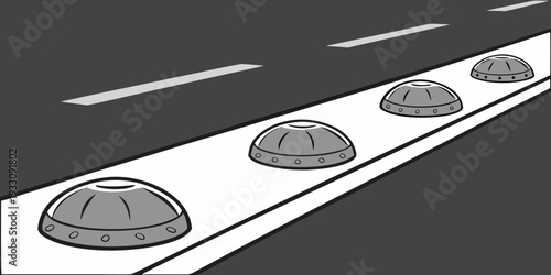A row of futuristic flying saucers aligned on a white runway. Vector
