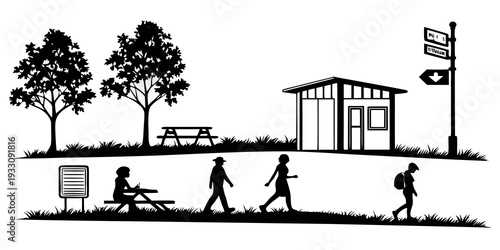 A diverse group of people enjoying a day out in a park with a small house. Vector