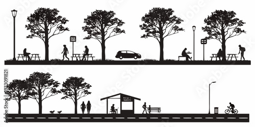 A serene landscape with trees and a distant city skyline under a clear sky. Vector