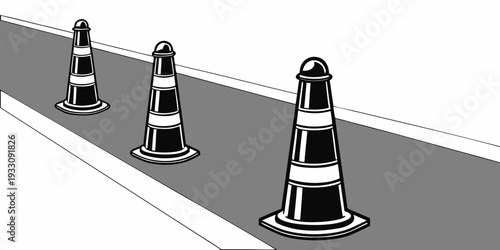 A row of traffic cones on a road with arrows pointing in different directions. Vector