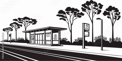 A serene park with a bus stop and trees under a clear blue sky Vector